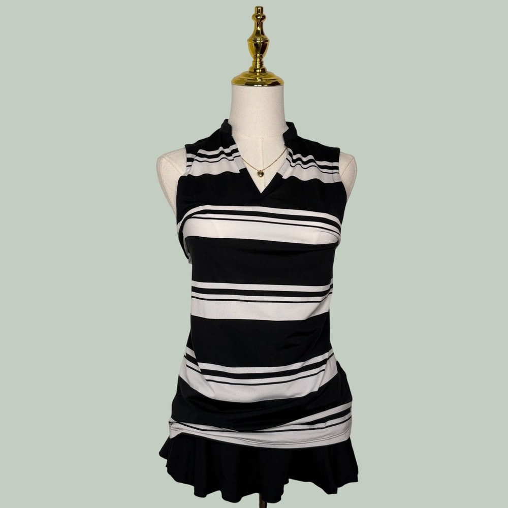 puma golf blouse striped black & white collared polo tennis sporty coquette chic